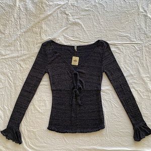 Intimately Free People - Blue V neck Glitter Top bell sleeves ring tie front